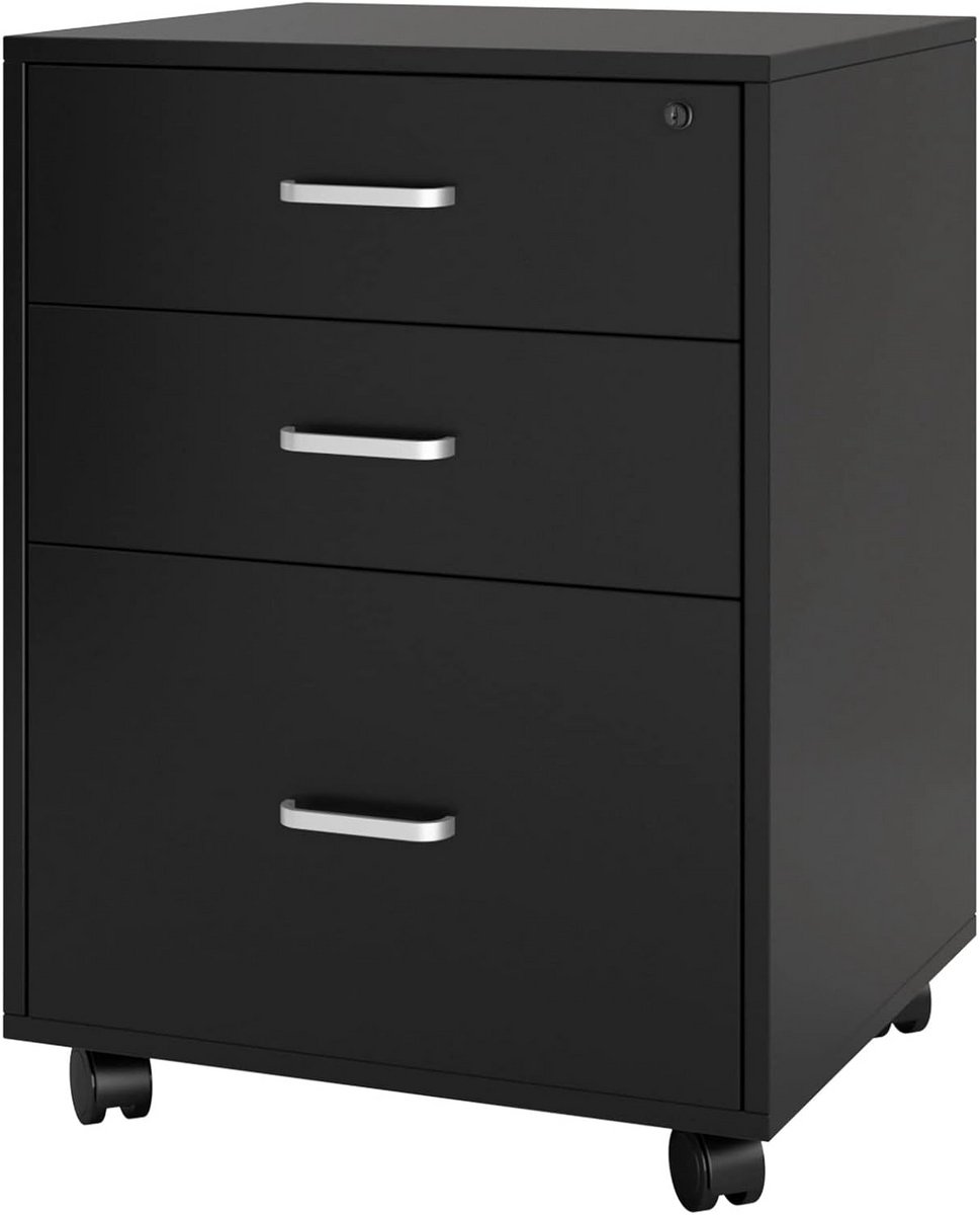 Archiefkast met 3 Lades en Wielen - Uitneembare Afsluitbare Archiefkast 48 x 42 x 65 cm Zwart