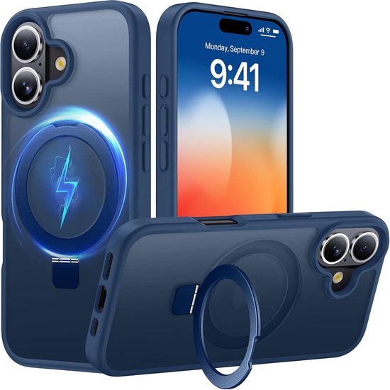 Blauwe telefoonhoes met MagSafe-ring, standaard en bliksemlogo. Telefoon met "Monday, September 9 9:41" weergegeven.