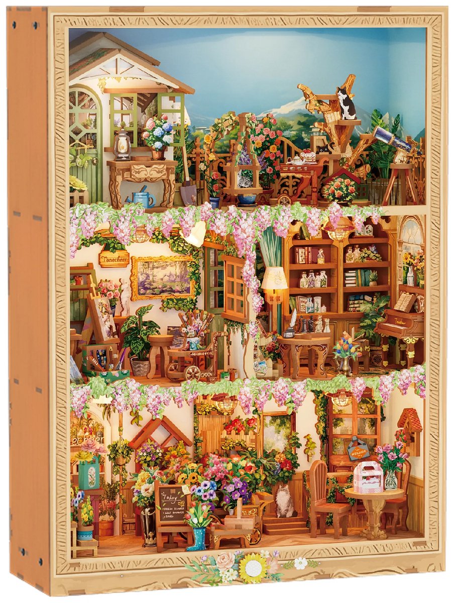 Tonecheer TQ455 Blossom Time Bouwpakket | Miniatuur huisjes pakket modelbouw voor volwassenen | Houten 3D Puzzel | Woonkamer decoratie schilderij | Bewegingssensor led lights verlichting | DIY katten poppenhuis display collectie — afbeelding 3