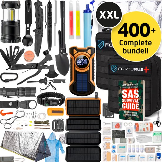 Forturus® Compleet Noodpakket voor thuis - 24-72H bundel incl. Noodradio Solar Opwindbaar AM/FM - Trauma EHBO kit – Solar Powerbank 20.000 mAh - SAS Survival Gids - Volledig overlevingspakket voor rampen en stroomuitval