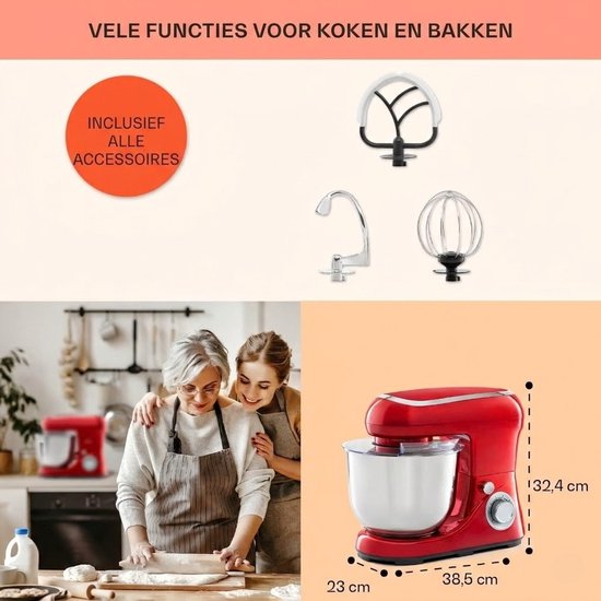 SNJY® Deegmachine - Kneedmachine - Deegmixer - 5L - 1300 W - Rood van Merkloos — afbeelding 5