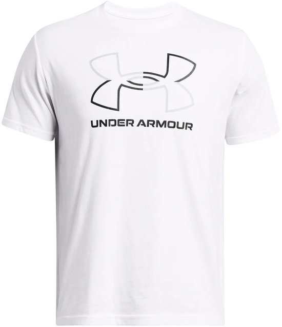Wit sportshirt van Under Armour met grijs en zwart logo op de borst.