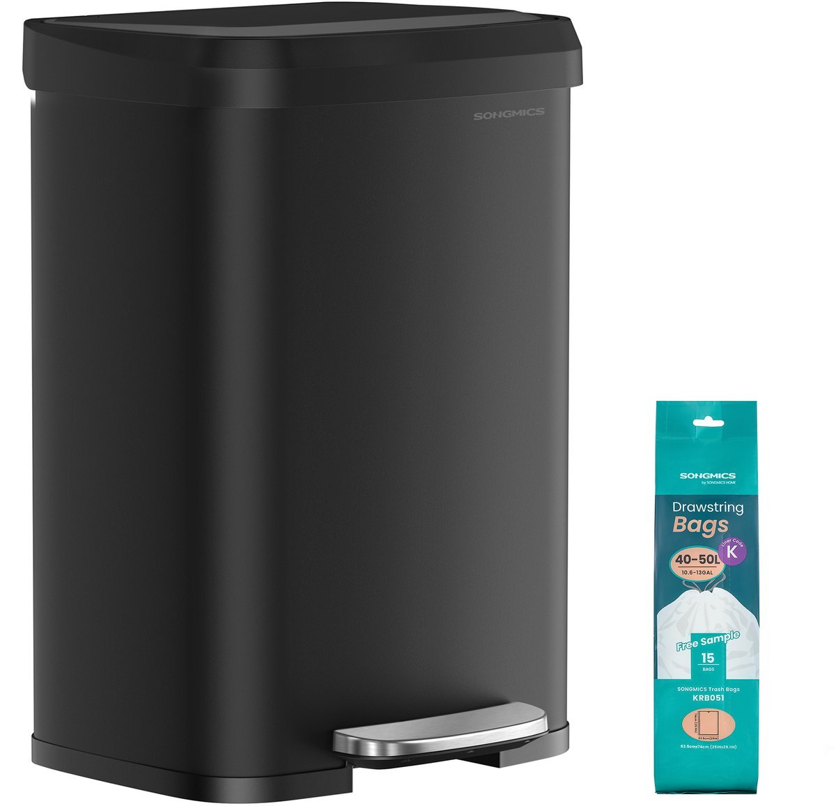 SONGMICS LTB530B5002 - Vuilnisbak van Metaal - 50 Liter - Met Deksel - Hoog en Ruim Ontwerp