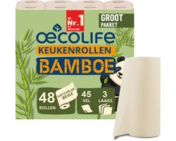œcolife Bamboe Keukenrollen 3-laags 48 Rollen x45 Vellen - 100% Ongebleekte Bamboepulp - Extra Absorberend - Antibacterieel - FSC Gecertificeerd - Duurzaam en Milieuvriendelijk