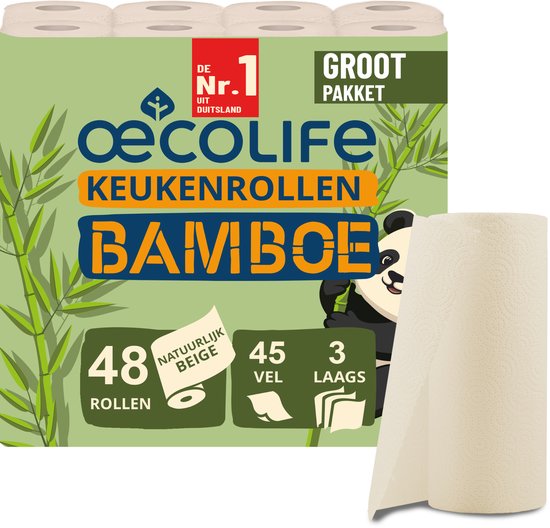 Grand paquet de 48 rouleaux d'essuie-tout à 3 plis, beige naturel, en bambou.