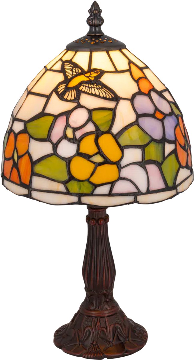 Tiffany tafellamp kolibri - Crème-meerkleurig - Ø 20 cm - Glas in lood - Warm licht - Bloemen - Natuurmotief | RORUVERA