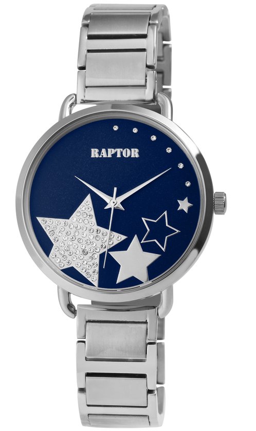 Zilverkleurig horloge met donkerblauwe wijzerplaat met sterren, waarvan één bezet met strass steentjes. 'RAPTOR' logo boven.