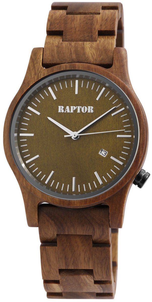 Raptor Herenhorloge zebrahout Piraat met houten armband, datumaanduiding, inclusief houten geschenkdoos
