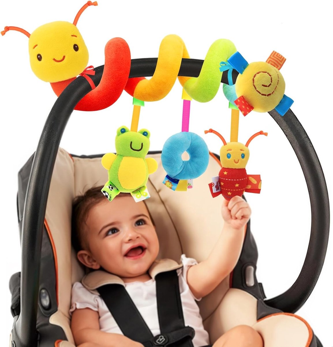 Spiraalvormig autostoeltje speelgoed - Zachte pluche hangende speeltjes voor baby's van 0-12 maanden, accessoires voor kinderwagen en wieg, onmisbaar voor aanstaande moeders en een leuk cadeau voor een babyshower.