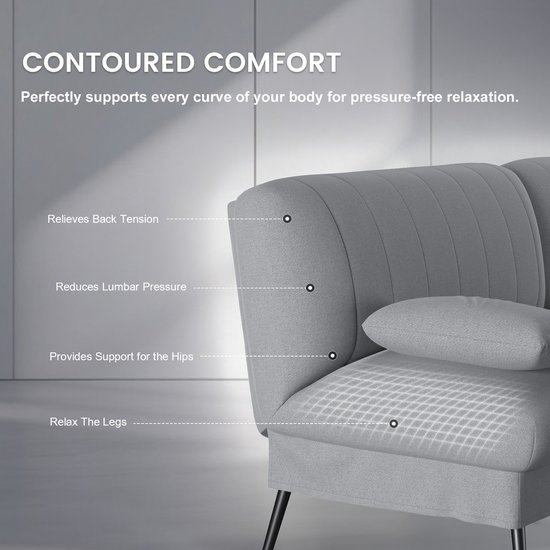 Grijze slaapbank met gedetailleerde informatie over de contourvormige ondersteuning van het lichaam, zoals 'Relieves Back Tension', 'Reduces Lumbar Pressure', 'Provides Support for the Hips', 'Relax The Legs'.