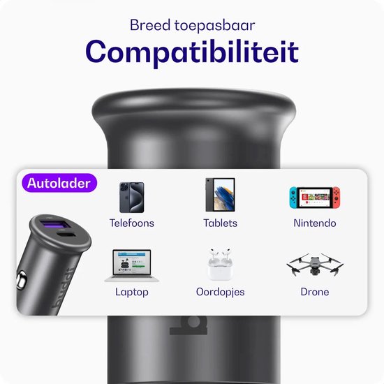 Autolader met illustraties van een telefoon, tablet, Nintendo Switch, laptop, oordopjes en drone. Compatibel met meerdere apparaten.