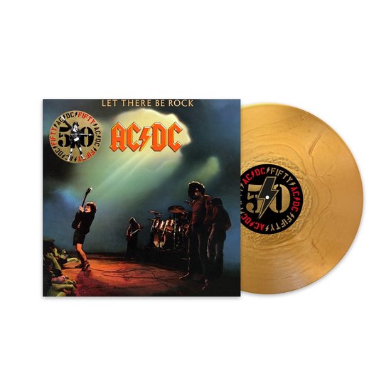 AC/DC "Let There Be Rock" albumhoes met een gouden vinylplaat met marmerpatroon. "50" en "AC/DC" logo's.