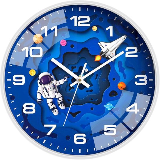 30cm Wandklok voor Kinderen - Stille Non-Ticking Quartz Decoratieve Klok - Astronaut Reis Themed Ronde Wandklok voor Slaapkamer - Woonkamer - Klaslokaal - Keuken - Kinderdagverblijf