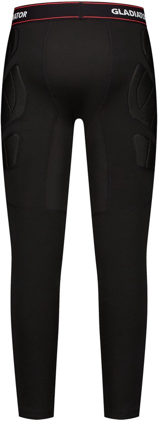 Achterkant van zwarte sportlegging met padding op heup en knie.