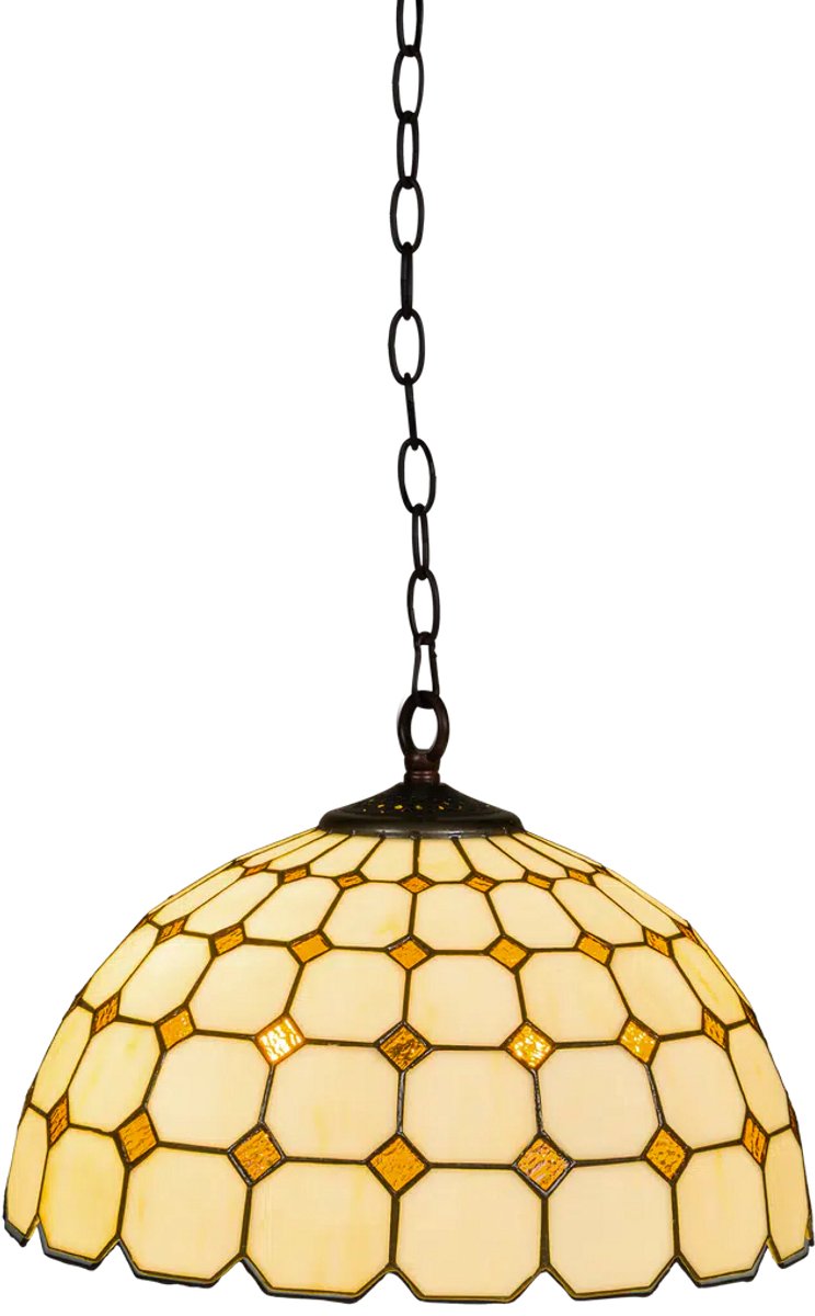 Tiffany hanglamp ruitpatroon - Crème-bruin - Ø 40 cm - Glas in lood - Warm licht - Inclusief ketting en plafondplaat - Pendellamp | RORUVERA