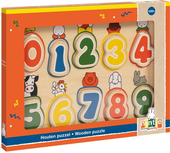 Puzzle de chiffres en bois Nijntje avec les chiffres 0-9 et des animaux. Emballage avec bordure orange.