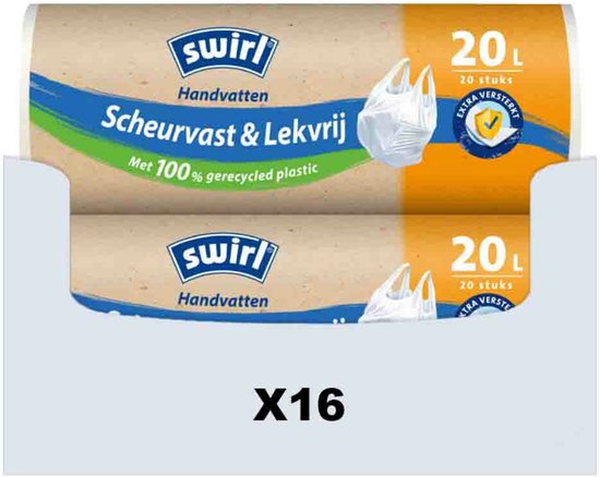 Sacs poubelles Swirl avec poignées, 20L, 20 pièces par rouleau. Anti-déchirure et anti-fuite, en plastique 100% recyclé. Blanc avec accents bleus et oranges.