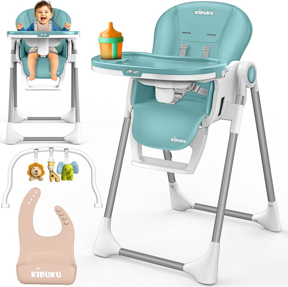 KIDUKU® Kinderstoel Baby 3-in-1 met Opzetstuk voor Pasgeborenen + Slabbetje | Opvouwbare Eetstoel met Speelboog | Verstelbare Evolutieve Kinderstoel met 7 Hoogteposities | 0-36 Maanden (Turkoois)