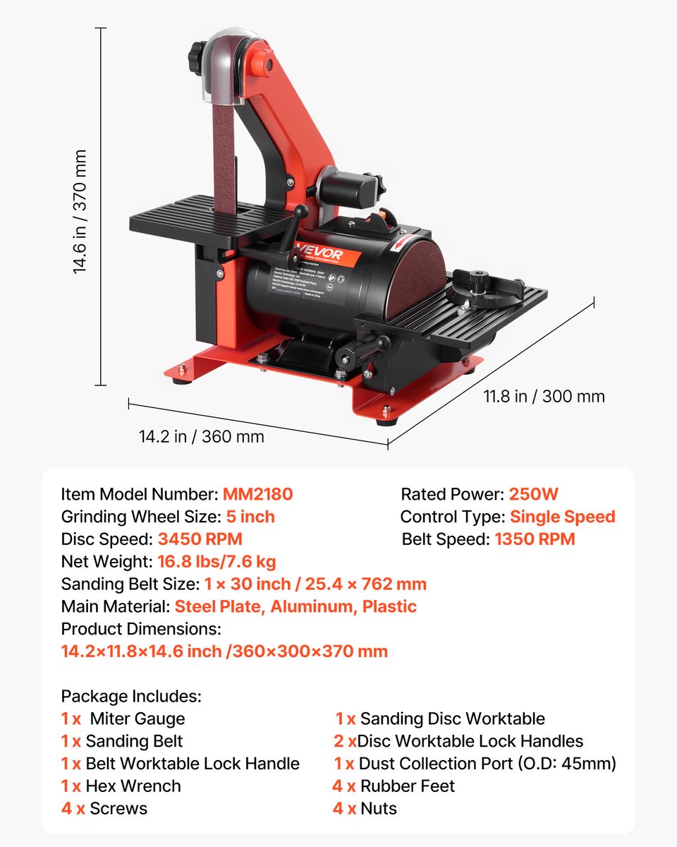VEVOR Band- en Schijfschuurmachine 250 W, 127 Mm Schijfschuurmachine en 25,4 X 762 Mm Bandschuurmachine, met 0-45° Verstelbare Werktafel en Stofafzuigaansluiting voor Houtbewerking, Messen Slijpen – foto 3