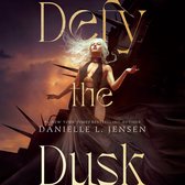 Een vrouw met blond haar en een gouden topje met een open rug, staand in een lange, donkere jurk. De titel 'Defy the Dusk' is boven haar.