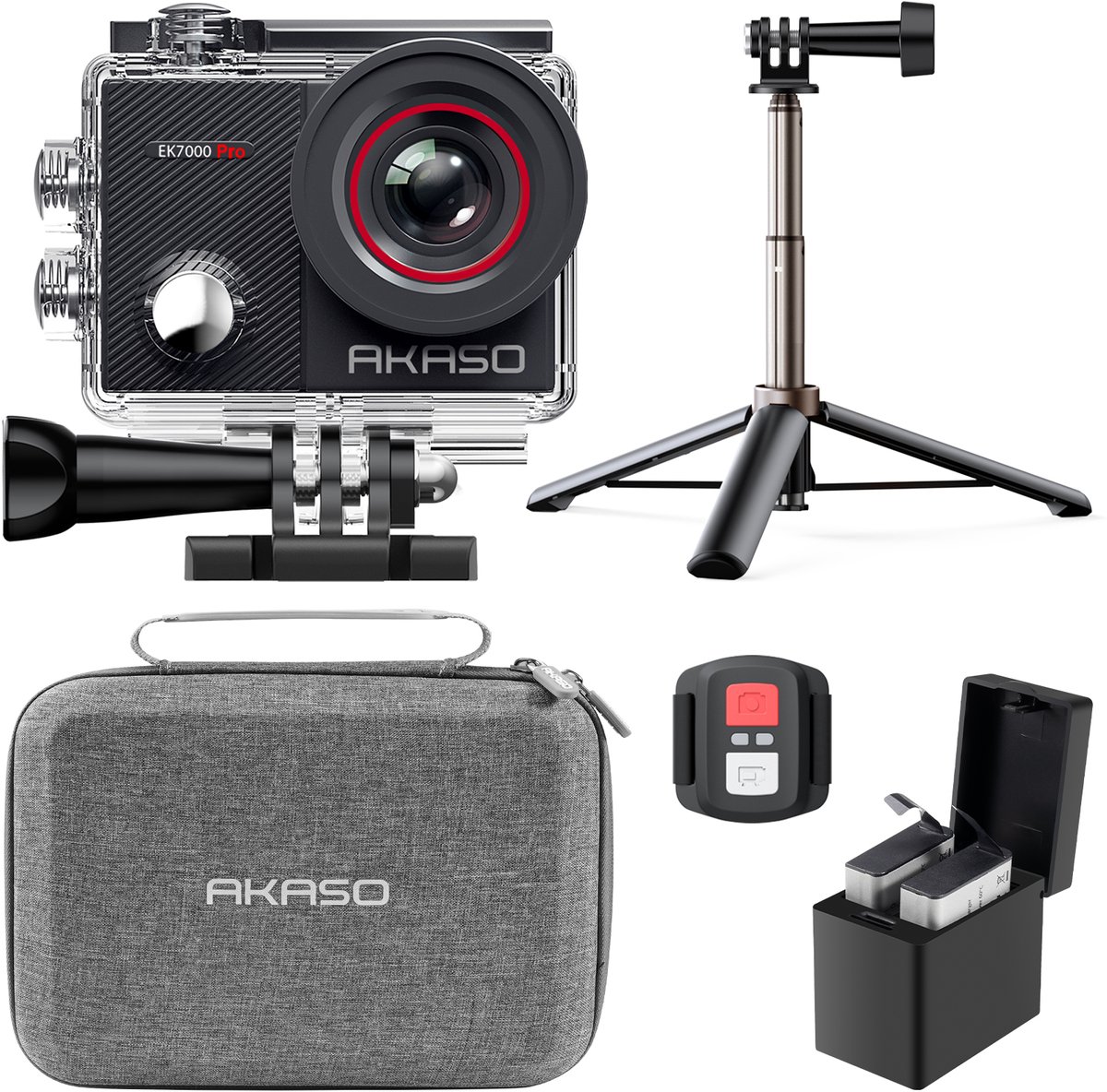 AKASO EK7000 Pro Action Camera met 60 cm Selfie Stick & Tas - 4K 30FPS - Waterdicht 40m - WiFi - Touchscreen - Onderwatercamera met Accessoireset