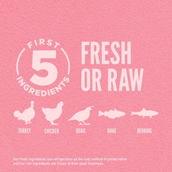 Orijen Small Breed: de eerste 5 ingrediënten zijn vers of rauw: kalkoen, kip, kwartel, hake, haring.