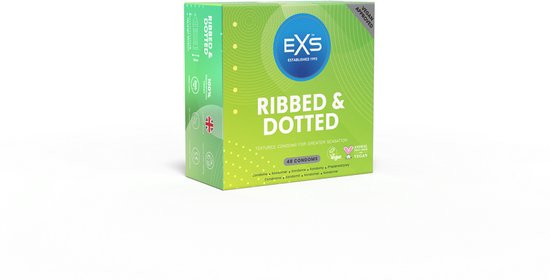 Doos van 48 EXS Ribbed & Dotted condooms in groen met golvend patroon en logo. Vegan goedgekeurd.