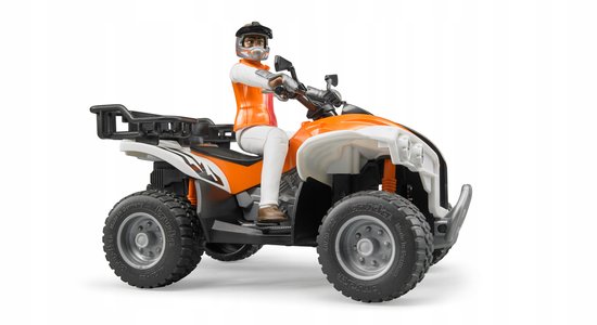 Wit met oranje quad met coureur in oranje vest "EMERGENCY TEAM" en helm.