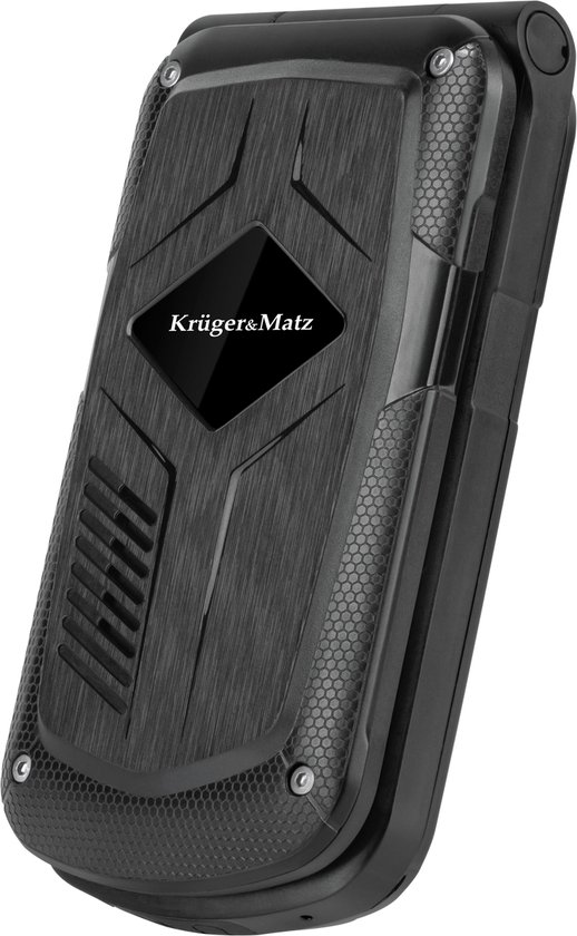 Zwarte klaptelefoon met geborsteld metalen look en diamanten detail. Krüger&Matz logo.