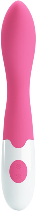 Vibrateur rose avec une base blanche et deux boutons roses.