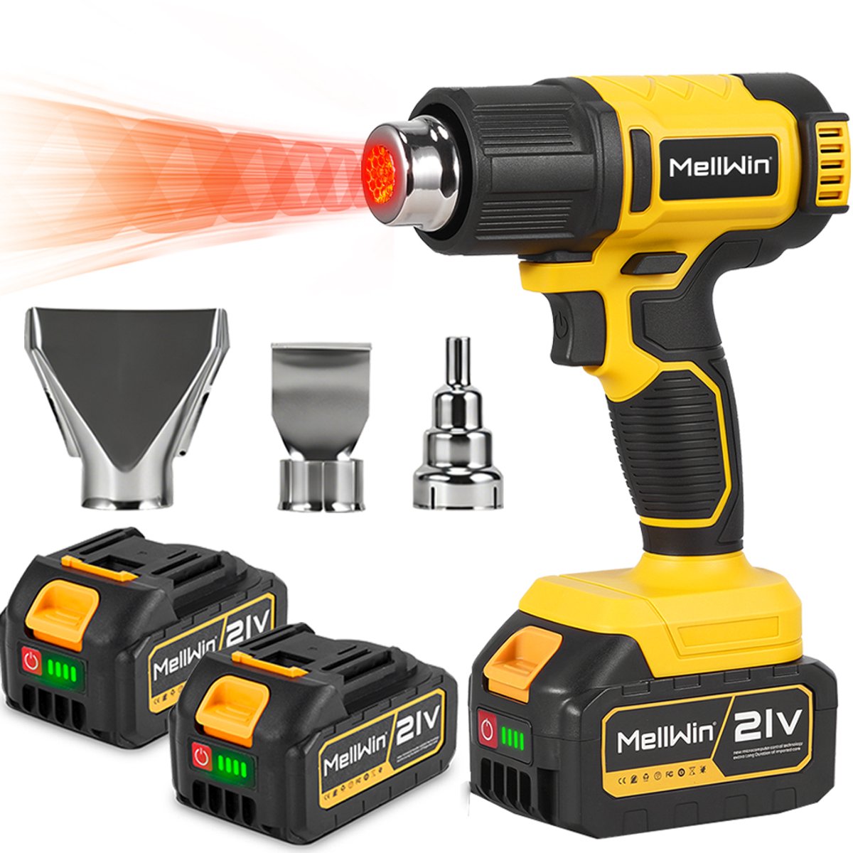 MellWin Accu Heteluchtpistool - 60-540℃ - 21V Heteluchtpistool - met 2x Accu’s en 3x Mondstukken - 4 Snelheden - voor lassen, buizen buigen, verf verwijderen