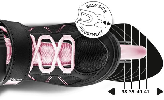 Sluiting van een zwarte en roze rolschaats met gemakkelijke maatverstelling en maatindicator 38-41.