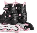 Zwarte skeelers met roze accenten en wielen. Verstelbaar met klittenband en veters.