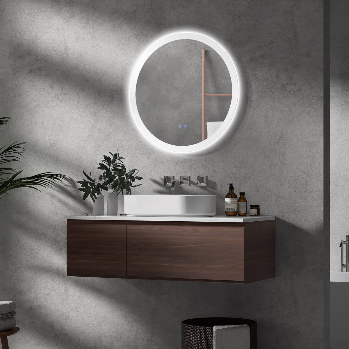 Wishdor Badkamerspiegel - Verstelbare Ledverlichting En Anti-Condens - Modern - Voor Badkamer - Metaal - Wit - Ø70 x 3 Cm