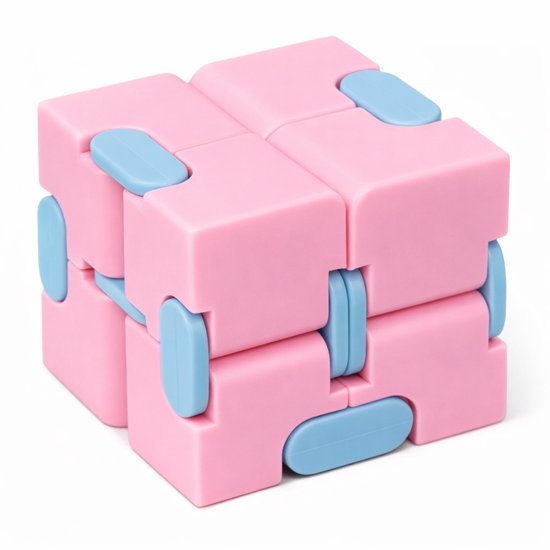 Een roze infinity cube met lichtblauwe knopjes.