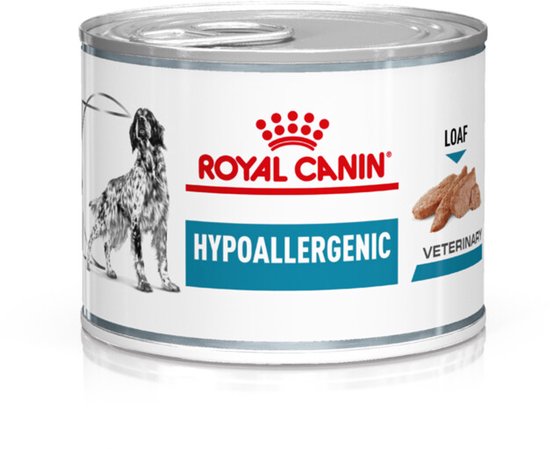 Blikje Royal Canin Hypoallergenic natvoer voor honden, met een illustratie van een zittende hond en productinformatie.