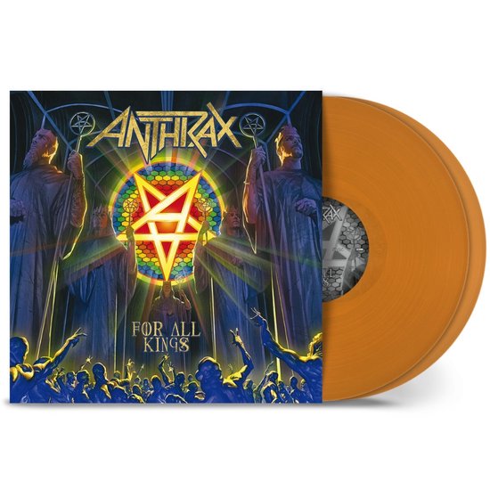 De Anthrax 'For All Kings' albumhoes met een pentagram in een regenboogkleurig, geometrisch patroon. Beschikbaar op oranje vinyl.