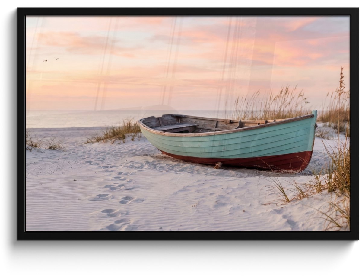 FrameYourWall Poster in lijst - Fotolijst 90x60 cm - Posters - Rustiek - Roeiboot - Zandstrand - Posterlijst zwart - Decoratie - Wanddecoratie woonkamer - Muurdecoratie slaapkamer