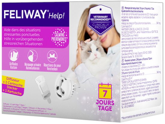 Doos met FELIWAY Help! diffuser en 1 cartridge. "Aide aux situations stressantes ponctuelles". "7 jours". "Calming Pheromones"