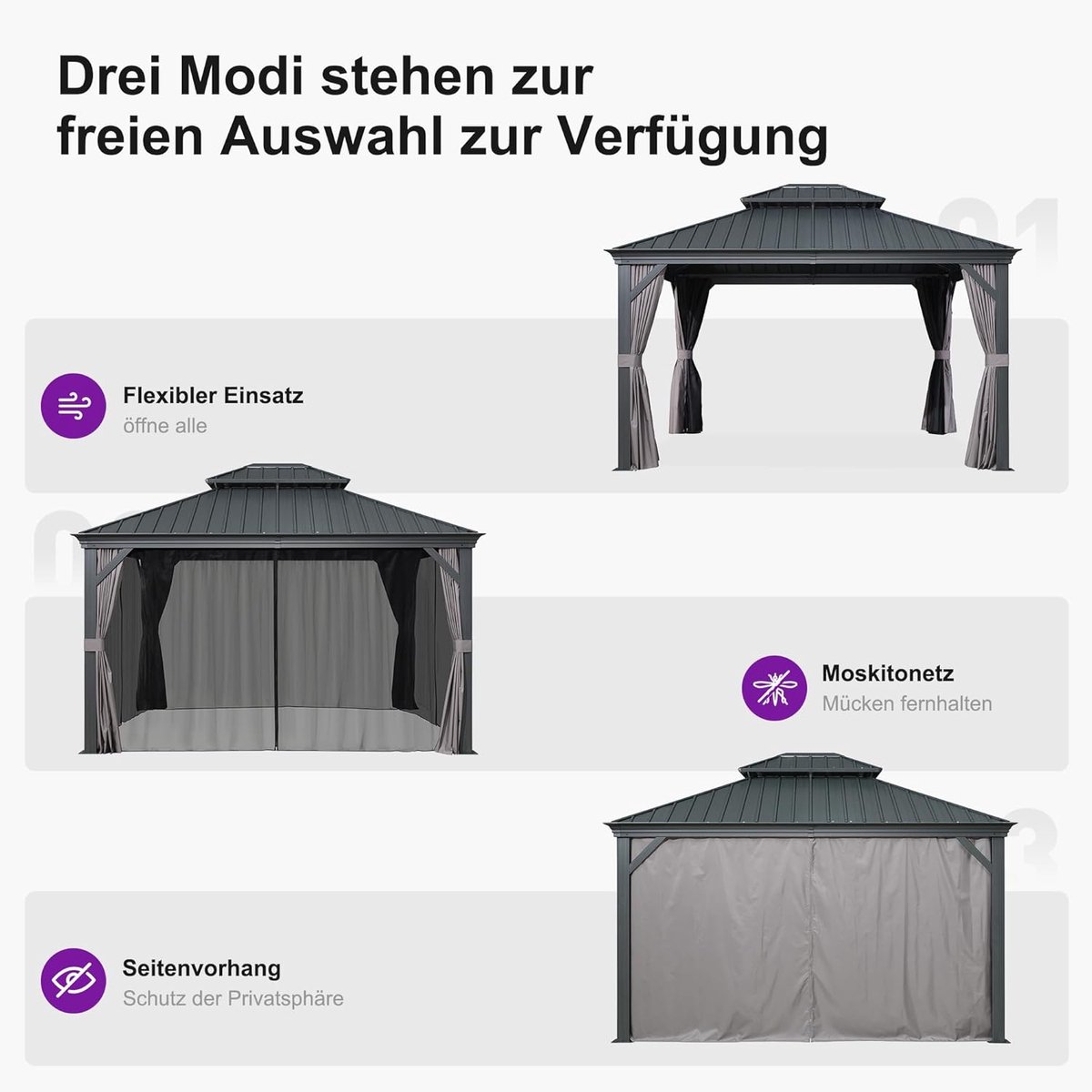 Tuinpaviljoen 3x3,65m Hardtop Aluminium met Stalen Dak – Waterdicht UV-bestendig met Gordijnen en Muggennet – Luxe Terras Overkapping Grijs | Laura