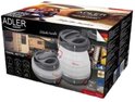 Verpakking met opvouwbare waterkoker in open en gesloten toestand, met vermelding 'Travel Kettle' en afmetingen.