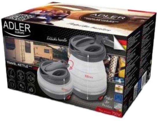 Verpakking met opvouwbare waterkoker in open en gesloten toestand, met vermelding 'Travel Kettle' en afmetingen.