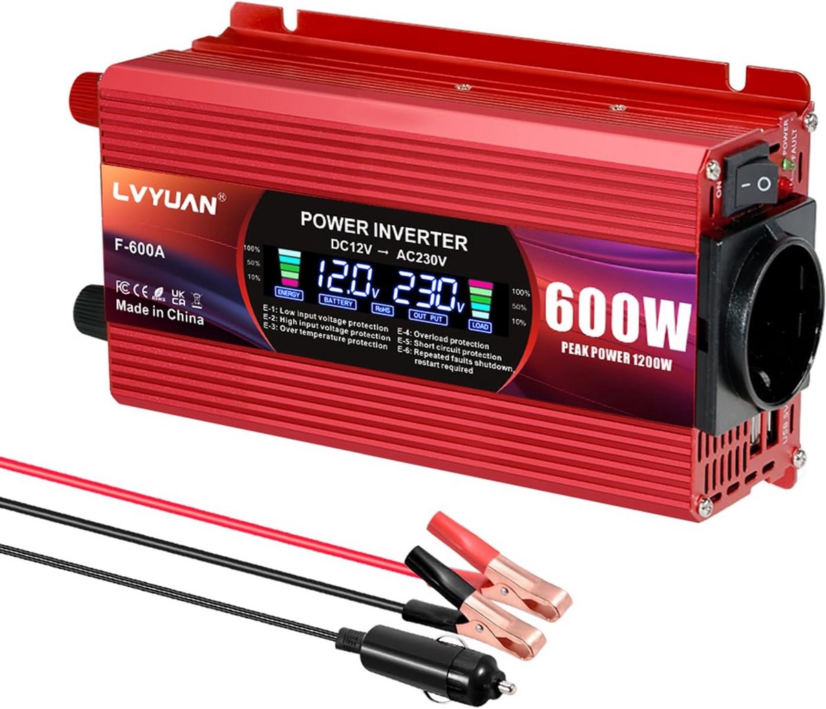 Krachtige 12V naar 220V Spanningsomvormer 600W/1200W voor Auto en Camper