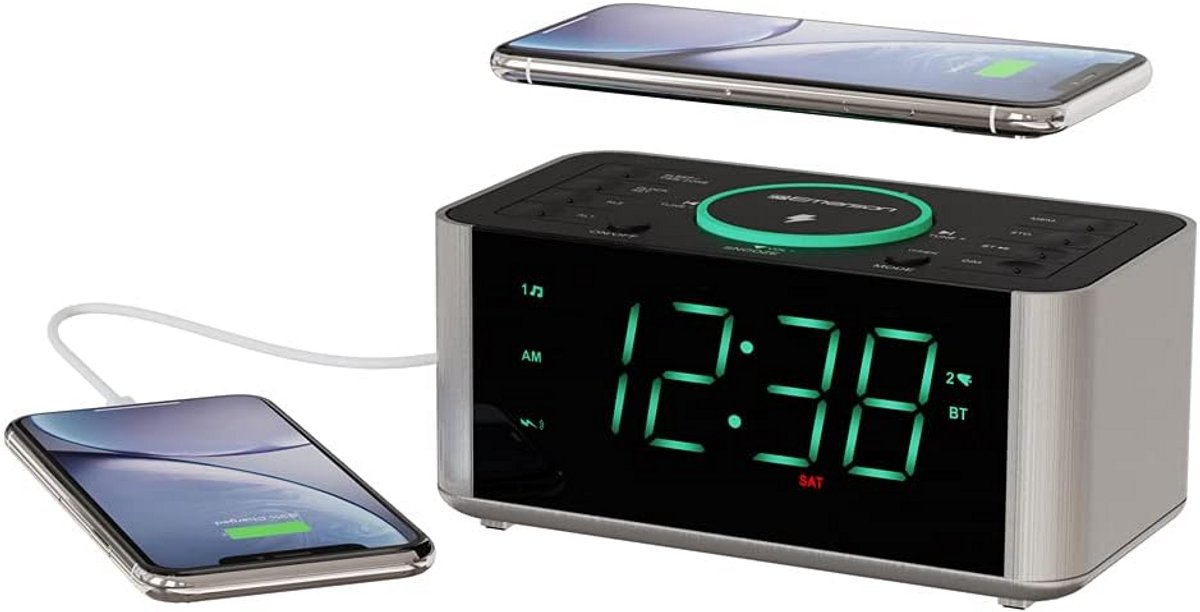 Wekker met Draadloos Opladen, Dubbel Alarm en Bluetooth Speaker