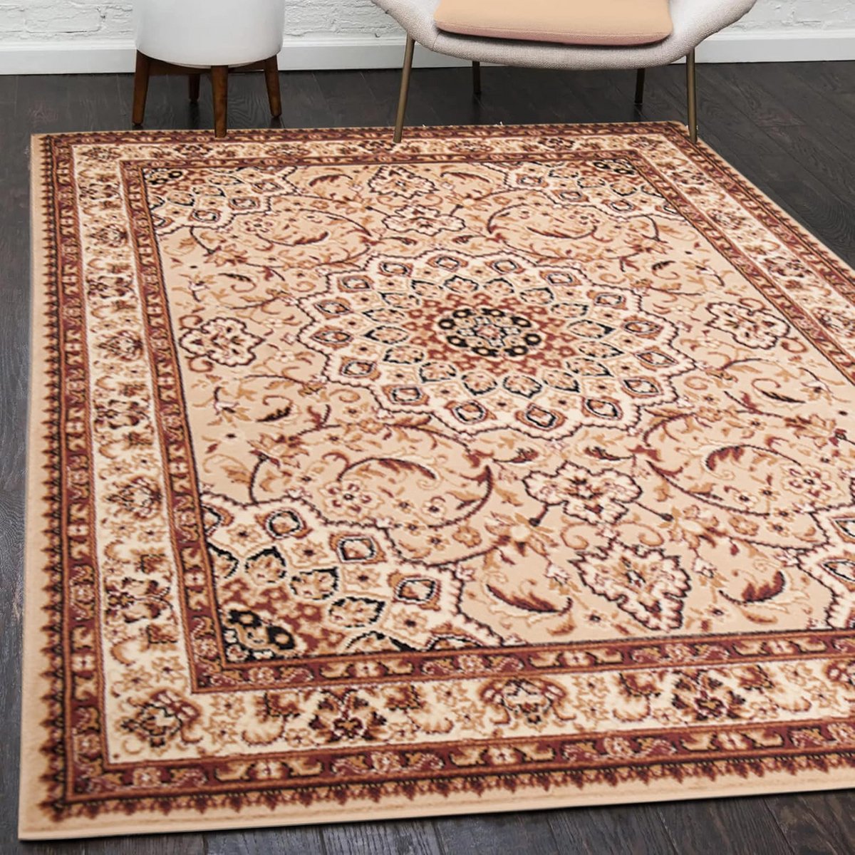Beige oriëntaals vloerkleed 160x230 cm - kortpolig tapijt met Perzisch patroon - laag onde