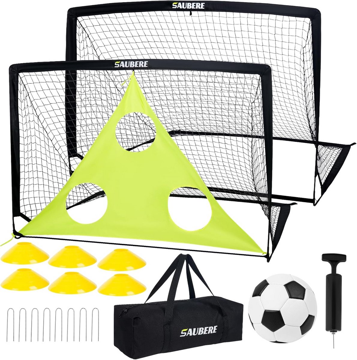 Set 2 draagbare voetbaldoelen 1,8 x 1,2 m – voetbalset met bal en kegels voor jeugd – buitensport spel