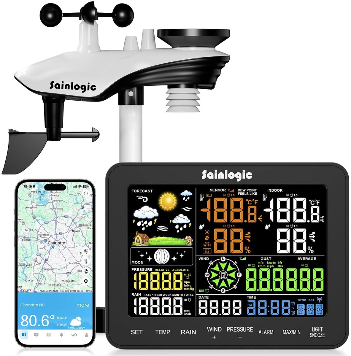 Slim Draadloos Weerstation met Binnen- en Buitenmeters, Regenmeter en Windsnelheid