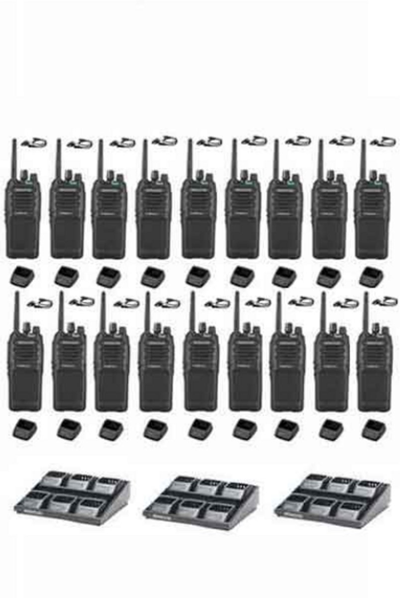 Set van 18 Kenwood TK-3701D IP55 Portofoon met 3 multiladers en D-shape headsets