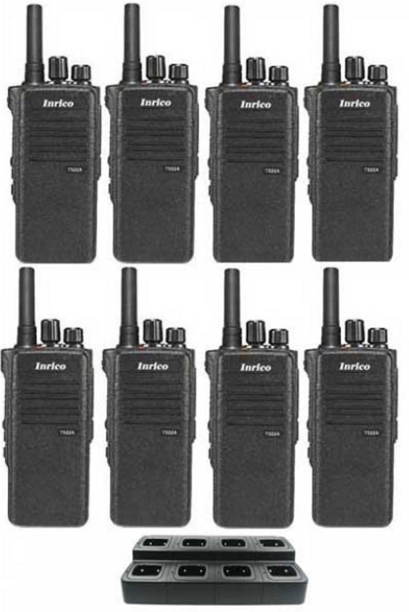 Set van 8 Inrico T522A IP66 4G LTE POC Zello Portofoon K1 2-Pins met multilader