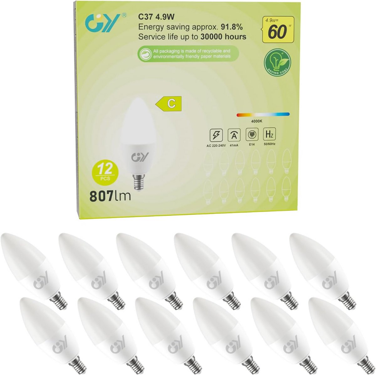 E14 LED Kaarslamp 4,9W 807 Lumen 4000K Neutraal Wit 12 Stuks Niet-Dimbare Vervanger 60W